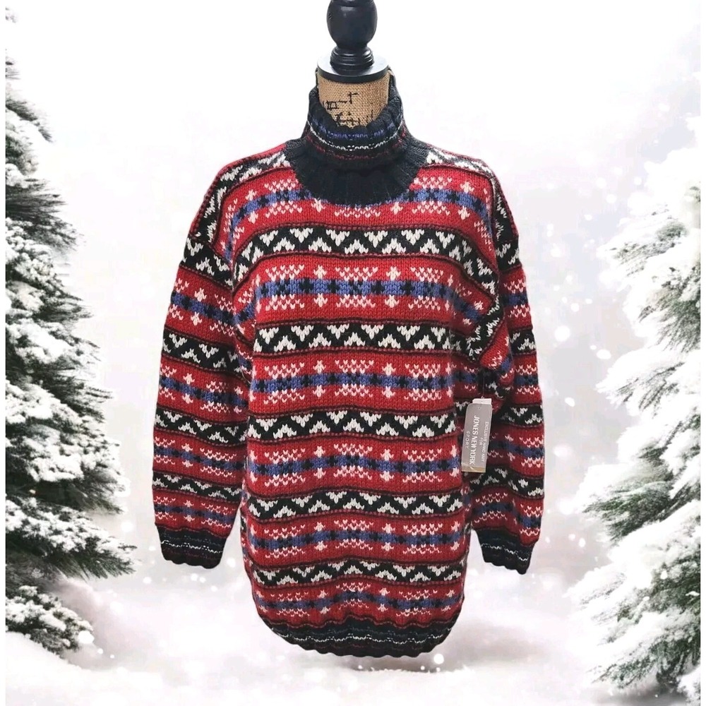 Vtg NWT Hand Knit Jones New York Fair Isle Wool M Red Sweater Chunky Turtle Neck